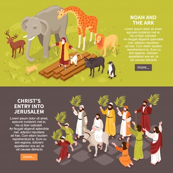 Set of two isometric bible narratives horizontal banners with text description characters of people and animals Free Vector