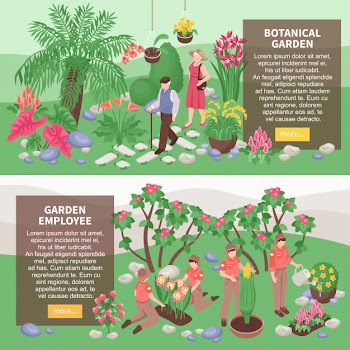 Set of two isometric botanical garden horizontal banners with text description boxes and s of gardeners Free Vector