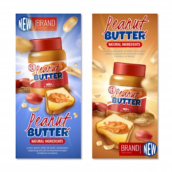 Set of two vertical realistic peanut banners with jars of butter with toast bread and text Free Vector