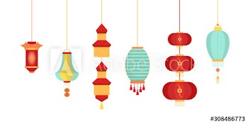 Set of various Chinese lanterns of different colors and shapes