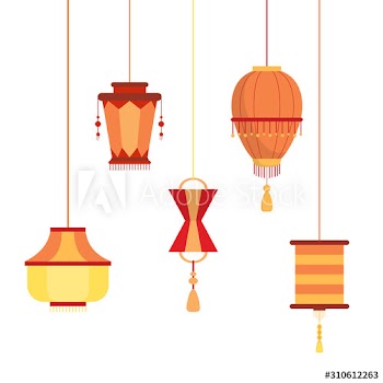 Set of various Chinese lanterns of different colors and shapes