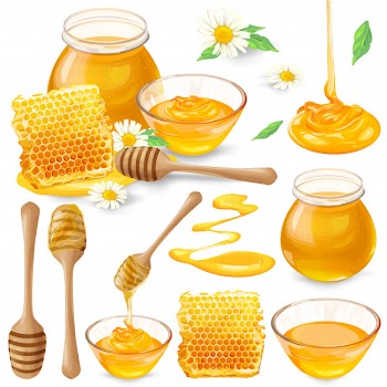 Set of vector illustrations of honey in honeycombs, in a jar, dripping from honey dipper Free Vector