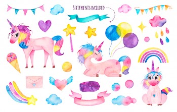 Set of watercolor cute magic unicorns with rainbow, balloons, magic wand Free Vector