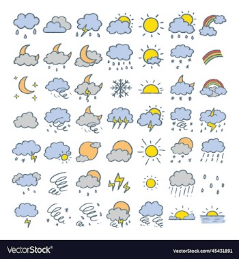 set of weather cloud sun rainbow rain lightin