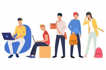 Set of young students busy with different activities Free Vector