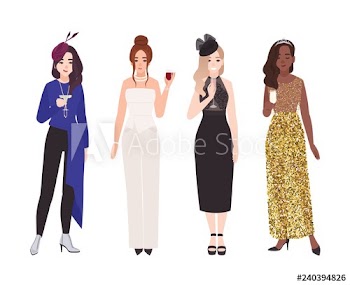 Set of young women in fancy evening outfits isolated on white background