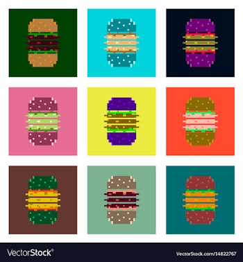 Set pixel icons of burger vector image