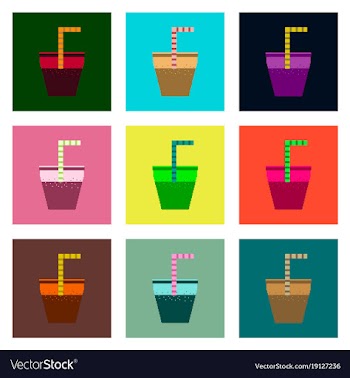Set pixel icons of glass of soda with straw vector image