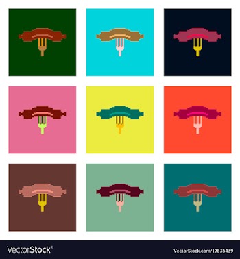Set pixel icons of sausage on fork vector image