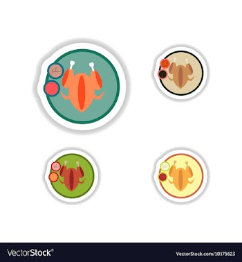 Set stickers roasted chicken on a plate vector image