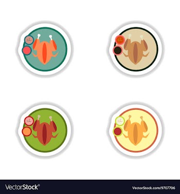 Set stickers roasted chicken on a plate vector image