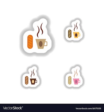 Set stylish paper stickers Cup of coffee and a bun vector image