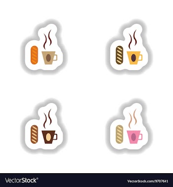 Set stylish paper stickers Cup of coffee and a bun vector image
