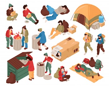Set with isolated images of homeless people human characters and various related objects Free Vector