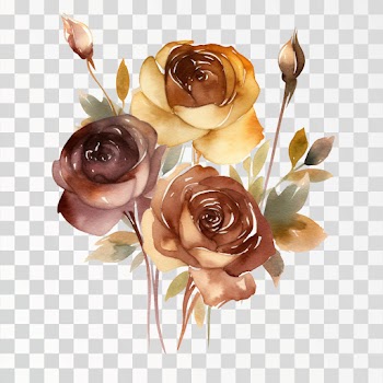 Several roses with deep brown gradient watercolor PNG transparent background