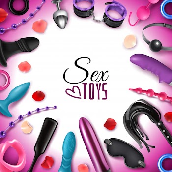 Sex toys frame consisting of dildo mask paddle handcuffs leather whip anal plugs realistic elements  illustration Free Vector