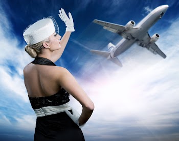 Sexy stewardess and flying plane
