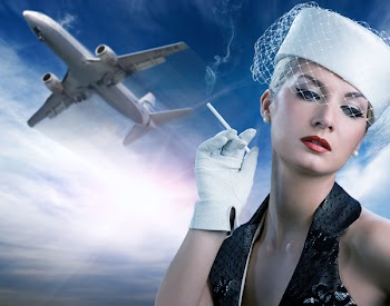 Sexy stewardess and flying plane