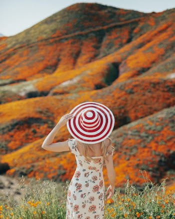 Shallow Focus Photo of a Woman in Floral Dress and Sun Hat Standing near Orange Flowers