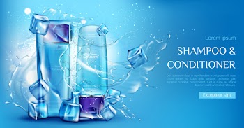 Shampoo and conditioner cosmetic bottles mockup with ice cubes and water splashes on blue Free Vector