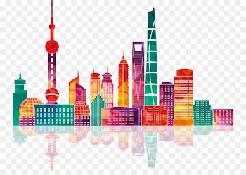 Shanghai Skyline Illustration - Colorful Shanghai city building silhouettes 
