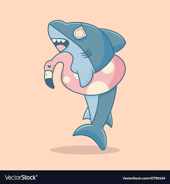 shark character with flamingo float