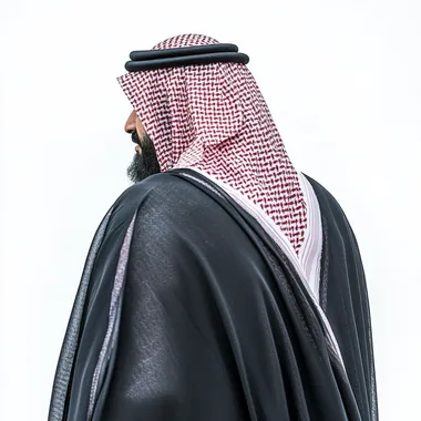 Sheikh of Saudi Arabia in Black Outfit Against White Background