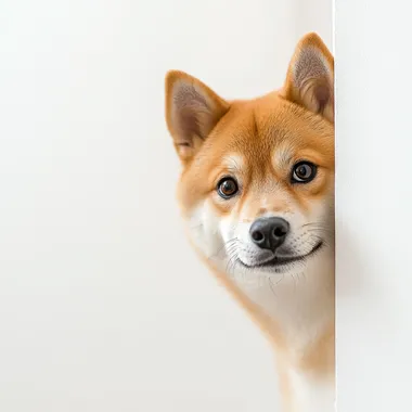 Shiba Inu Dog Peeking from Clean White Wall in Living Room Setting