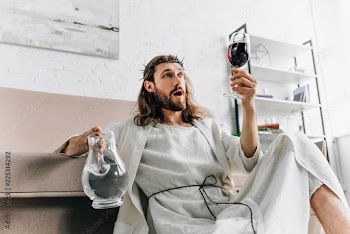 shocked Jesus in crowns of thorns and robe holding jug of water and looking at wine glass in hand at home
