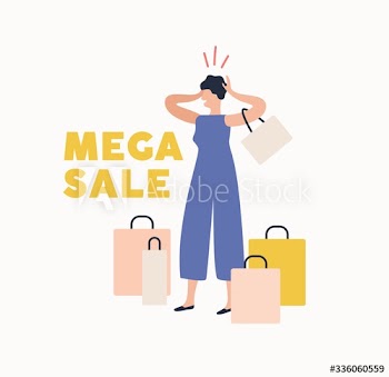 Shocked woman holding head surrounded by shopping bag enjoy mega sale isolated on white
