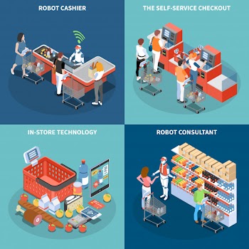 Shop technology 2x2 design concept with robot consultant robot cashier self service checkout square icons isometric Free Vector