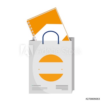 shopping bag and notebook with company emblem
