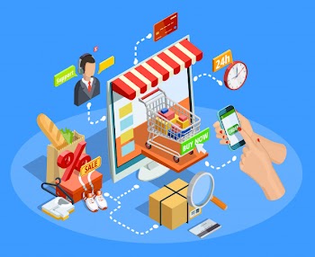 Shopping e-commerce concept isometric poster Free Vector