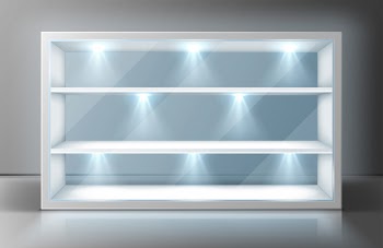 Showcase with glass wall, shelves and spotlights Free Vector