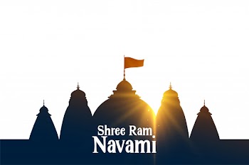 Shree ram navami wishes card with temple and sin rays Free Vector