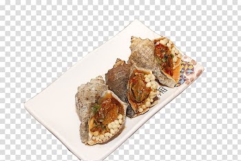 Side dish Seashell, Three shells on white plate transparent background PNG clipart
