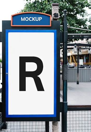 Signboard mockup with bold blue and orange co.. | Free stock psd mockup - 534737