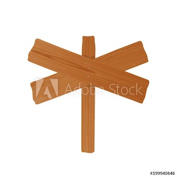 Signpost or billboard made of pair of crossed rough wooden planks and pole nailed together