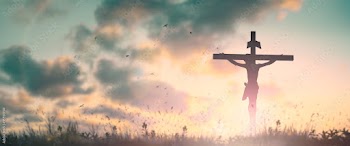 Silhouette jesus christ crucifix on cross on calvary sunset background concept for good friday he is risen in easter day, good friday jesus death on crucifix, world christian and holy spirit religious
