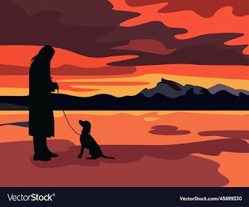 silhouette of a girl walking with a dog