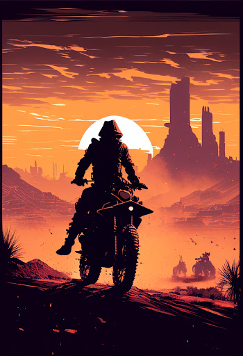 Silhouette of a lone rider on a prototype motorcycle riding into town
