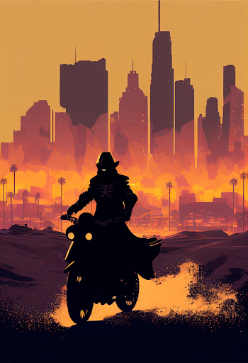Silhouette of a lone rider on a prototype motorcycle riding into town