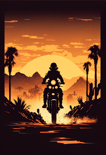 Silhouette of a lone rider on a prototype motorcycle riding into town