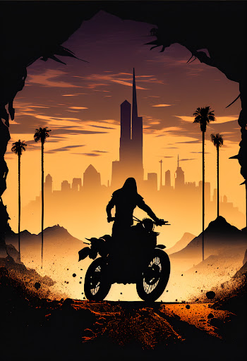 Silhouette of a lone rider on a prototype motorcycle riding into town
