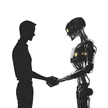 Silhouette of a man and robot shaking hands on white background Silhouette of a man and robot shaking hands on white background