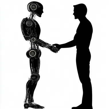 Silhouette of a man and robot shaking hands on white background Silhouette of a man and robot shaking hands on white background