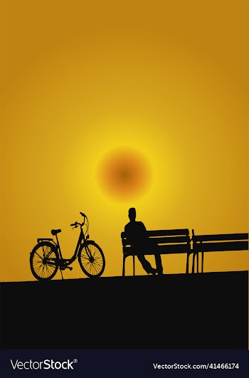 silhouette of a man with bike bench on sunset