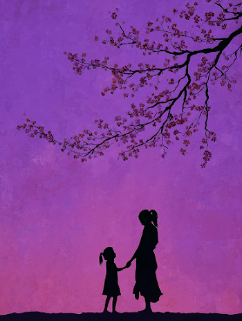Silhouette of Asian Mother and Daughter Under Cherry Blossom