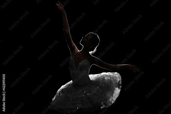 Silhouette of beautiful young ballerina on dark background