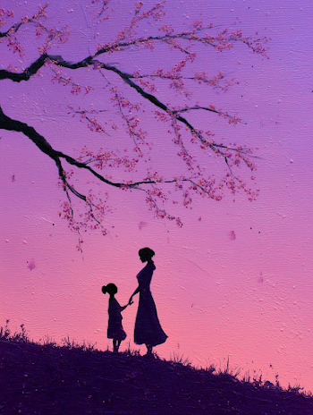 Silhouette of Bonding: Mother and Daughter under Cherry Blossom